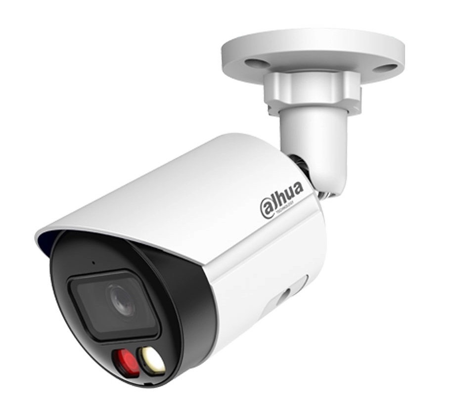 IPC-HFW2649SP-S-IL-0280B-DAHUA-PROTECCION-PERIMETRAL Primer plano del frontal de la cámara Dahua mostrando el LED IR, la lente central y el micrófono integrado. Su diseño robusto y compacto está optimizado para uso exterior, garantizando visibilidad total con mínima distorsión