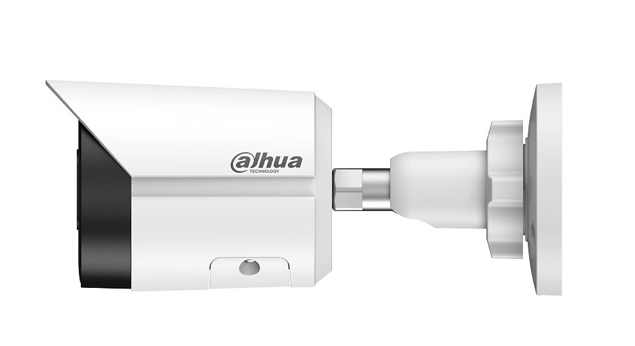 IPC-HFW2649SP-S-IL-0280B | DAHUA - Cámara IP WizSense | 6 Mpx | Óptica fija 2,8 mm | Smart Dual Light 30 metros| Analítica perimetral, SMD Plus, Smart Search Vista lateral del modelo IPC-HFW2649SP-S-IL-0280B con soporte de montaje y carcasa IP67. La imagen resalta su diseño funcional para instalación en fachadas, muros o techos con orientación precisa hacia zonas estratégicas