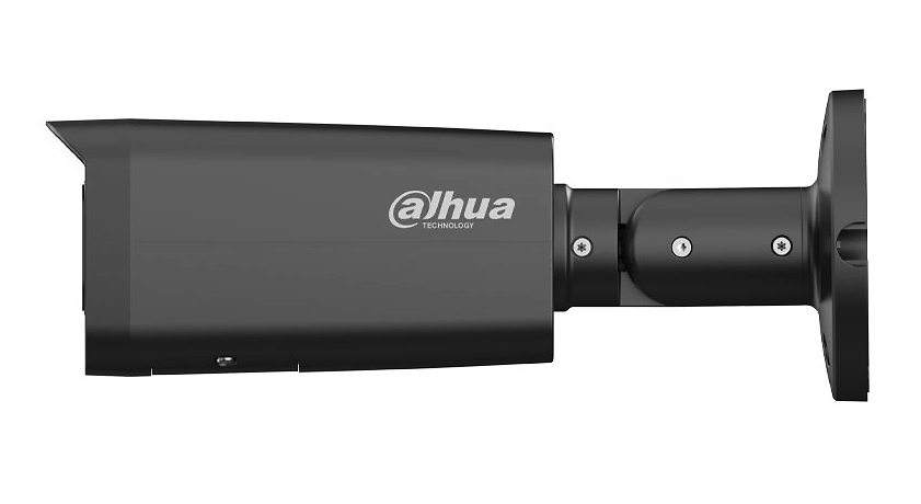 ipc-hfw2841tp-zs-27135-dg-lateral Imagen lateral mostrando la carcasa metálica, conectores PoE y diseño antivandálico IK10, adecuada para videovigilancia profesional