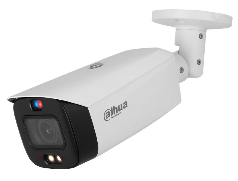 ipc-hfw3449t1p-zas-pv-27135-lateral Vista lateral de la cámara IP Dahua con carcasa robusta IP67 y LEDs de infrarrojos/luz cálida. Incluye entrada/salida de audio y alarma, perfecta para vigilancia activa en exteriores y entornos industriales. Compatible ONVIF y PoE