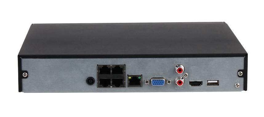 NVR2104HS-P-I2-POE-DAHUA Grabador frontal Dahua NVR2104HS-P-I2 mostrando puertos PoE activos