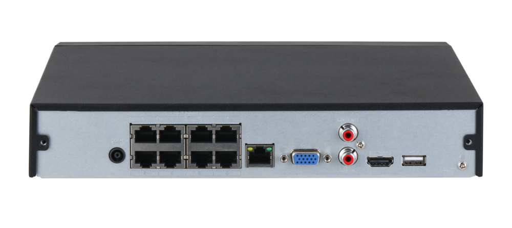 nvr2108hs-8p-i2-posterior Panel trasero del grabador Dahua con detalle de los 8 puertos PoE, salida HDMI 4K, VGA, audio RCA y puerto RJ45 Gigabit. Imagen útil para técnicos e instaladores que desean conocer la conectividad completa del equipo y sus posibilidades de expansión