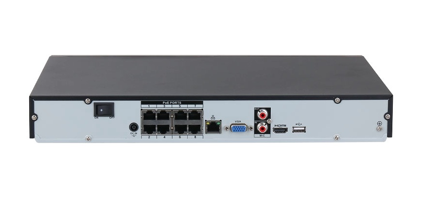 nvr2208-8p-i2-panel-trasero Detalle del panel trasero del grabador con 8 puertos PoE, puerto de red Gigabit, HDMI 4K, VGA y USB. Permite configuración flexible, transmisión eficiente y grabación avanzada en múltiples resoluciones