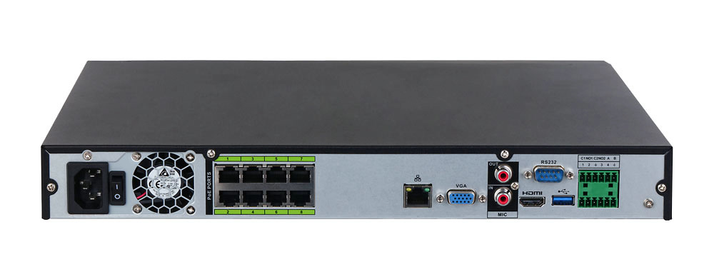 PoE NVR DAHUA conexiones traseras del Dahua NVR5208-8P-EI, mostrando los 8 puertos PoE, salidas HDMI/VGA, entradas de audio y alarmas. Compatible con cámaras IP hasta 32 Mpx, ofrece funciones avanzadas como reconocimiento facial, SMD Plus y protección perimetral con alto rendimiento