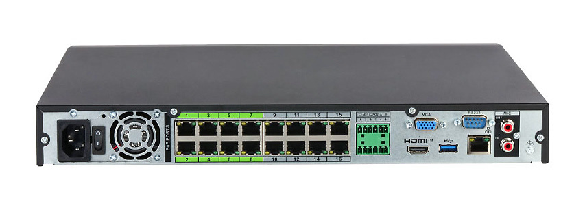 NVR‑5232‑16P‑EI2-dahua-nvr-32-poe-conexiones Diseño profesional del grabador Dahua NVR5232-16P-EI2 con salidas HDMI/VGA, puertos PoE integrados y análisis inteligente integrado