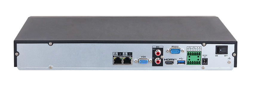 NVR5232-2N-EI2-dahua-nvr-32-conexiones Panel trasero del grabador Dahua con conexiones ethernet, SATA, USB, alarmas, RS‑485, VGA y HDMI