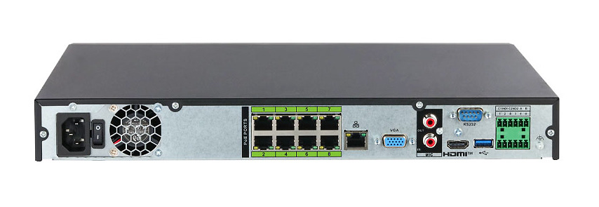 NVR‑5232‑8P‑EI2-dahua-nvr-32-poe-conexiones Panel trasero del NVR‑5232‑8P‑EI2 mostrando puertos PoE, RJ45, SATA, USB, alarmas y VGA/HDMI