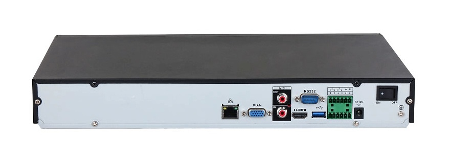 NVR5232-EI2-dahua-nvr-32-conexiones Vista posterior del Dahua NVR5232-EI2 con puertos HDMI, VGA, USB, red Gigabit y entradas de alarma para integración avanzada