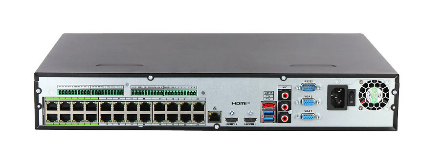 NVR5424-24P-EI2-DAHUA-nvr-64-wizsense-conexiones Vista posterior del grabador Dahua NVR5424-24P-EI2 con conectividad PoE, HDMI, VGA y expansión de almacenamiento hasta 80TB