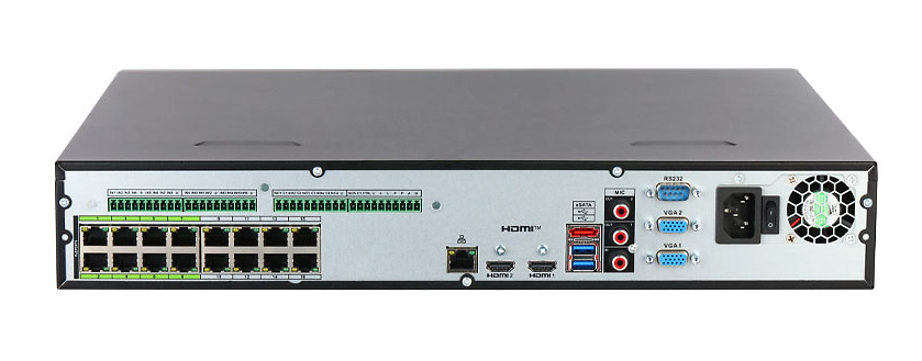 NVR5464-EI2-DAHUA-nvr-64-wizsense-conexiones Vista posterior del Dahua NVR5464-16HP-EI2 con múltiples puertos PoE, HDMI, VGA y expansión de almacenamiento para hasta 80TB