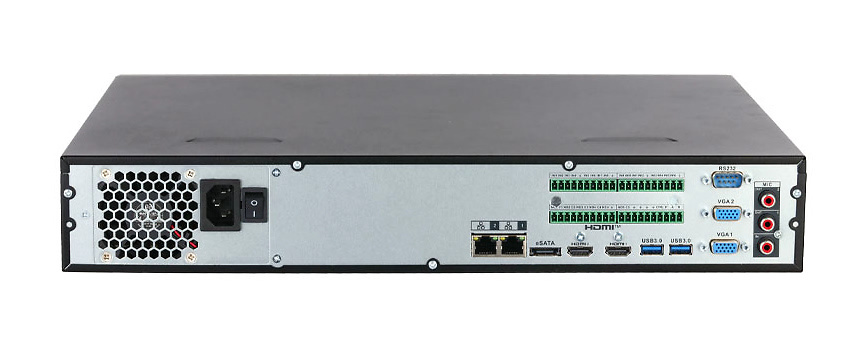 NVR5464-EI2-DAHUA-nvr-64-wizsense-conexiones Vista trasera del grabador Dahua NVR5464-EI2 con 4 bahías SATA, doble HDMI, doble VGA y múltiples puertos de red y alarmas
