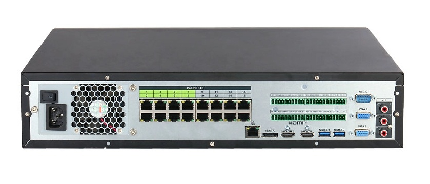 NVR5864-16P-EI2-DAHUA-wizsense-nvr-conexiones Vista trasera del NVR Dahua NVR5864-16P-EI2 con conectividad PoE, HDMI, VGA, doble Gigabit y bahías de almacenamiento masivo