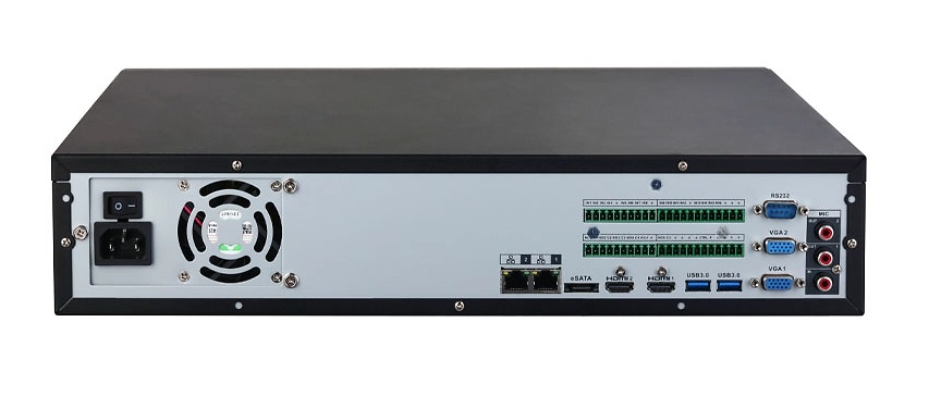 NVR5864-EI2-DAHUA-wizsense-nvr-conexiones Vista trasera del NVR Dahua NVR5864-EI2 con doble HDMI, doble VGA, doble Gigabit y expansión de almacenamiento masivo