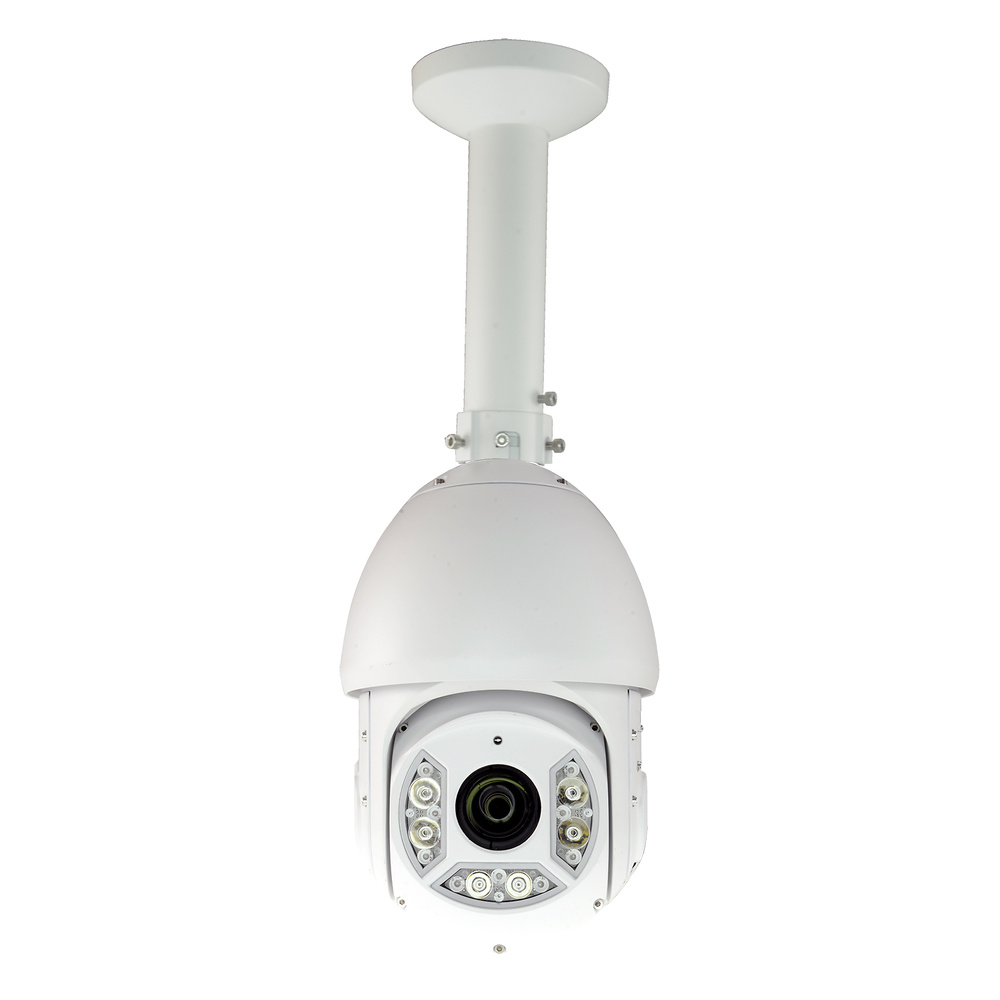 PFB300C-soporte-DAHUA-X-SECURITY Vista del soporte PFB300C instalado en una pared exterior, mostrando su capacidad para mantener la cámara de videovigilancia en una posición segura y estable. Ideal para el monitoreo continuo en condiciones climáticas adversas
