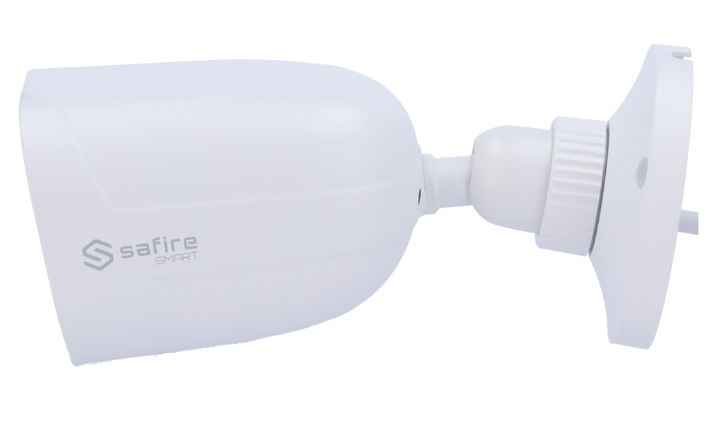 Cámara IP Safire Vista lateral de la SF-IPB080A-6I1, mostrando su diseño robusto IP67, ideal para exteriores. IR de 30 m y WDR 120dB para máxima visibilidad