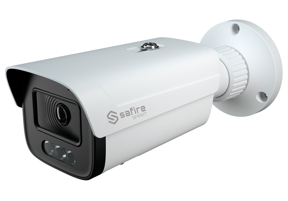 SF-IPB380A-4E1-DL-0360   |  SAFIRE  -  Cámara IP bullet  |  4 Mpx  |  Lente fija 3,6 mm  |  Luz Dual: IR y Led blanco alcance 30 metros  |  Micrófono integrado