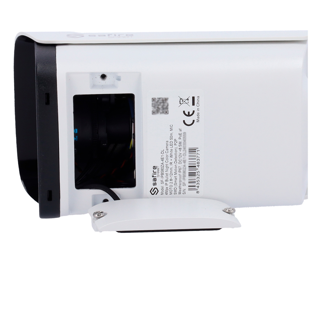 Safire Smart CCTV Safire Smart SF-IPB580ZA-8E1-DL: cámara IP de seguridad con resolución 4K, lente varifocal motorizada y luz dual para visión nocturna total. Clasificación de humanos y vehículos mediante IA, detección facial, almacenamiento en microSD y micrófono integrado. Robusta, eficaz y compatible con PoE y ONVIF para una instalación eficiente y profesional