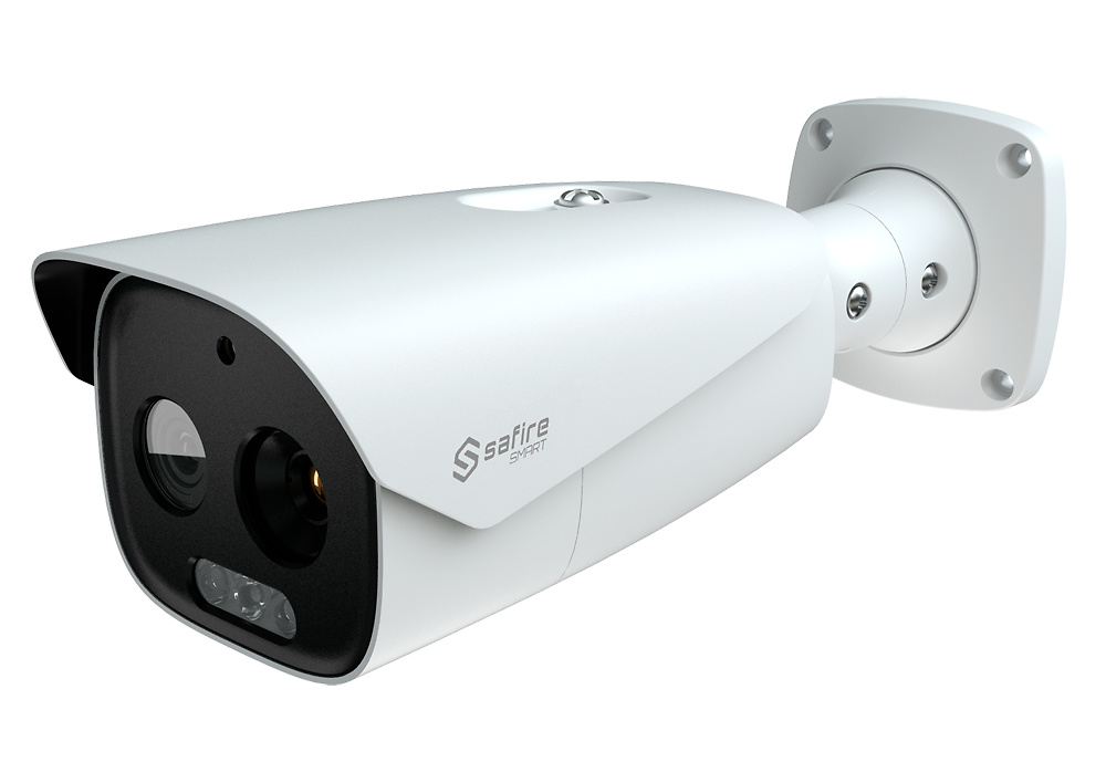 SF-IPTB384A-9D5-termica-perimetral-general Cámara térmica IP dual Safire Smart SF-IPTB384A-9D5 con lente térmica de 9 mm y óptica de 8 mm. Ideal para entornos industriales, vigilancia perimetral y detección de incendios. Su diseño robusto y su IA avanzada la convierten en una solución de seguridad completa
