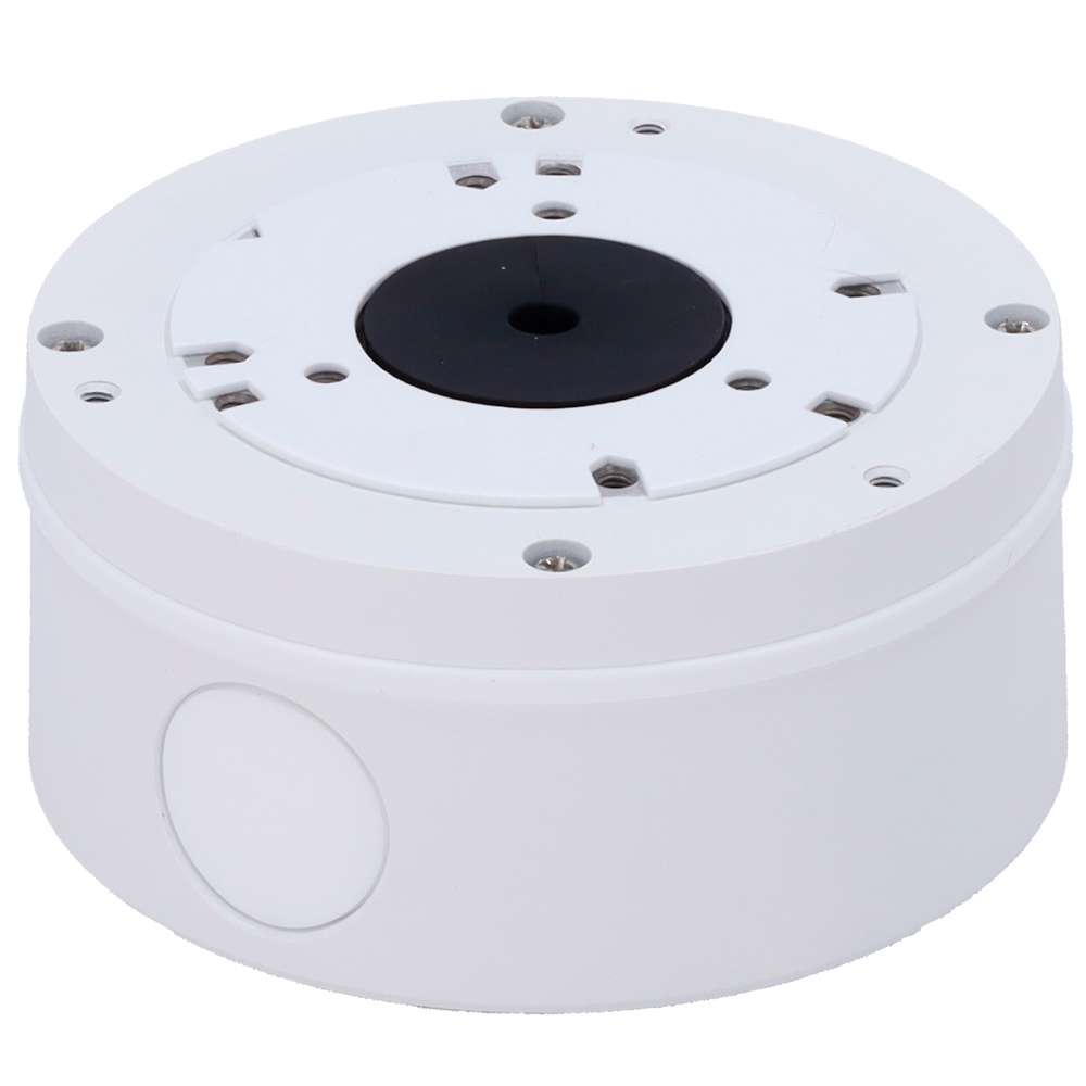 SF-JBOX-0103 | SAFIRE SMART Caja de conexiones Safire Smart SF-JBOX-0103 fabricada en aleación de aluminio, diseñada para cámaras domo, con entradas de cable lateral e inferior, certificación IP65 para exterior e interior. Asegura la protección del cableado en proyectos profesionales de videovigilancia