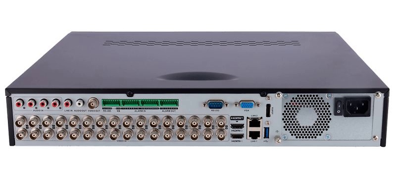 SF-NVR8432A-16P-B2-SAFIRE-XVR-TRASERA Vista trasera del XVR con 32 BNC, puertos HDMI 4K, VGA, Ethernet, USB y e‑SATA