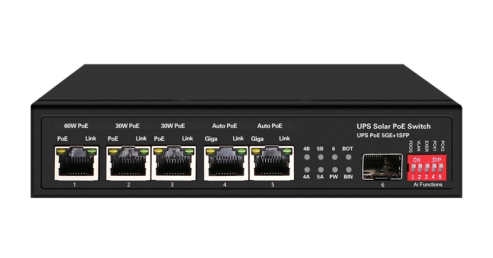SW0605HIPOE-GF-DC-65 switch PoE SW0605HIPOE-GF-DC-65 con 5 puertos RJ45 y 1 puerto SFP, diseñado para alimentación y transmisión eficiente en proyectos de videovigilancia o redes industriales. Compacto y funcional, ideal para sobremesa o montaje en pared, con soporte para PoE HiPoE, PoE+ y PoE pasivo