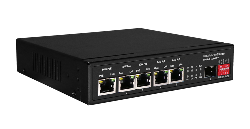 Switch PoE switch SW0605HIPOE-GF-DC-65 mostrando sus conexiones PoE y SFP, junto a la controladora para batería integrada. Ideal para entornos remotos, con compatibilidad para paneles solares y UPS autónomo, maximizando la operatividad y autonomía en redes sin corriente eléctrica estable