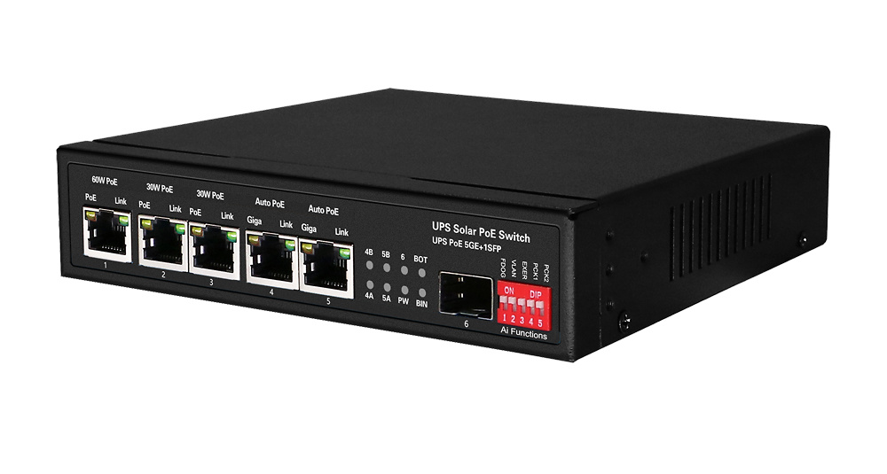 PoE switch PoE SW0605HIPOE-GF-DC-65 con sus 5 puertos RJ45 y puerto SFP uplink, ideal para entornos híbridos de red. Diseño compacto de sobremesa con indicadores LED visibles y chasis robusto. Perfecto para instalaciones de videovigilancia, redes IoT o telecomunicaciones