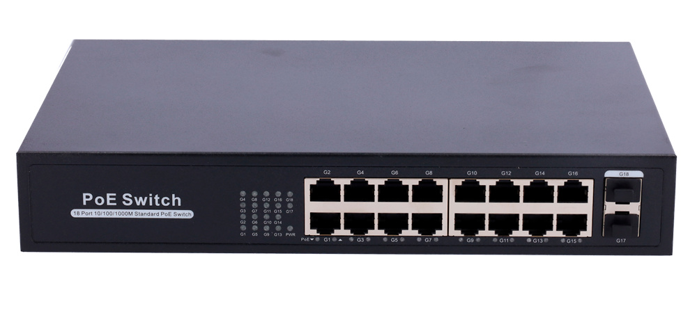 SW1816POE-GF-250-E Switch PoE Switch PoE SW1816POE-GF-250-E con 16 puertos Gigabit y 2 uplinks SFP, ideal para videovigilancia IP y redes PoE+. Proporciona hasta 30W por puerto y una potencia total de 250W. Diseño compacto, instalación flexible y sistema de prioridad automática. Solución profesional y eficiente