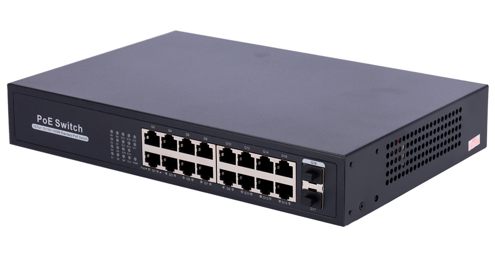 PoE para Videovigilancia Switch PoE+ Gigabit SW1816POE-GF-250-E con capacidad de conmutación de 52Gbps, tasa de reenvío de 26.78Mpps, y soporte para tramas jumbo. Ideal para cámaras IP, NVR y puntos de acceso WiFi. Carcasa metálica, protección eléctrica 4KV y operación sin configuración