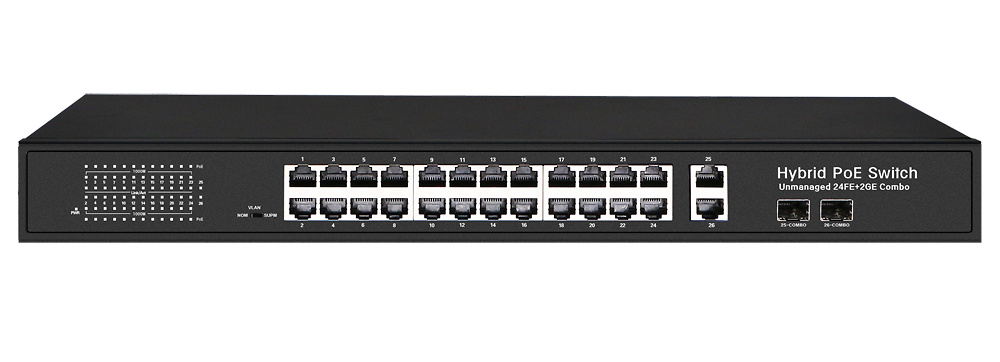 SW2824HIPOE-C-300 | Switch PoE No Gestionable | 24 puertos PoE + 2 Gigabit Port + 2 SFP Combo | 10/100/ Mbps | Total 300 W 