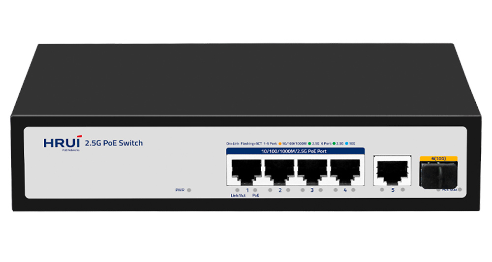 SW64HIPOE-2AZCXF-60-switch-poe-frontal Switch SW64HIPOE-2AZCXF-60 con 4 puertos PoE+ Multi-Gigabit y uplinks RJ45 y SFP+ 10Gbps. Hasta 65W PoE totales, ideal para redes IP compactas. Incorpora funciones Watchdog y PoE Extend hasta 250 metros. Protección 4KV contra rayos