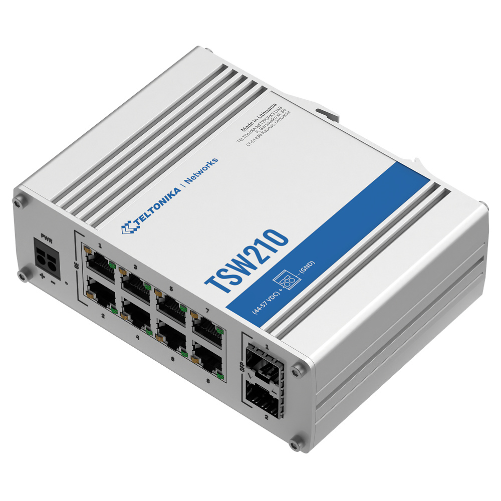 TELTONIKA El TK-TSW210 es un switch industrial no gestionable con 8 puertos Ethernet RJ45 Gigabit y 2 puertos SFP Gigabit para conexiones rápidas y confiables. Incluye diseño Plug and Play, alimentación DC de 7 a 57V mediante conector de 2 pines y LEDs de estado para monitoreo. Su diseño rugerizado lo hace ideal para entornos industriales exigentes