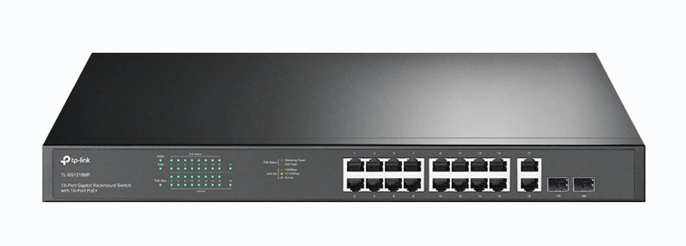 SWITCH TP-LINK TP-Link TL-SG1218MP diseñado para redes exigentes con 16 puertos PoE+, 2 SFP Gigabit, modo Extend para transmisión hasta 250 metros y carcasa metálica para instalación en rack o sobremesa. Optimiza redes empresariales y proyectos de CCTV IP de forma eficiente y segura.