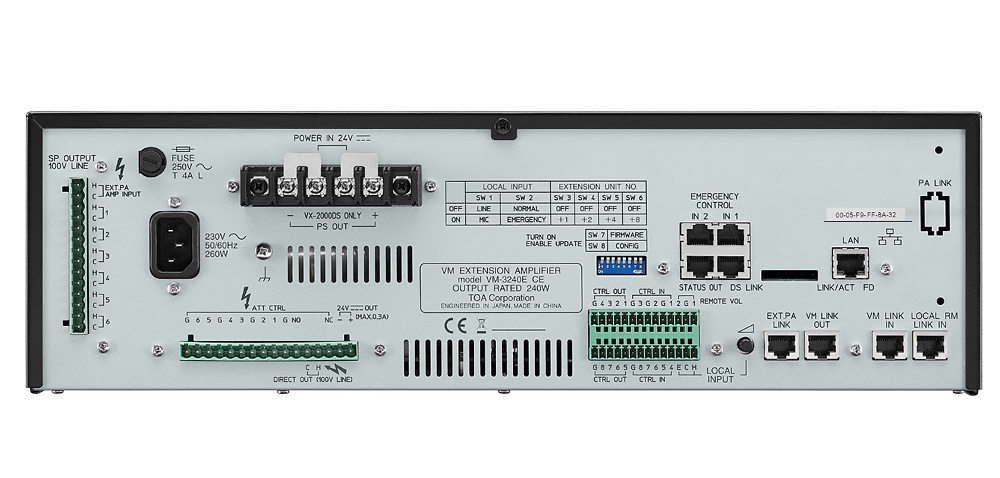 TOA-VM-3240E | TOA - Amplificador de extensión de sistema VM-3000 | Potencia 240W | 6 salidas de altavoces (100 V) 