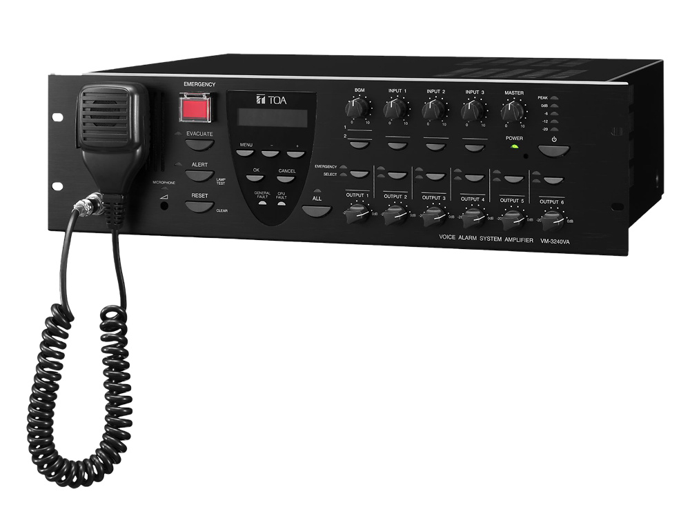 TOA-VM-3240VA-amplificador-evacuacion-en54 Amplificador TOA VM-3240VA de 240 W con chasis robusto y frontal negro para integración profesional en sistemas de megafonía y evacuación