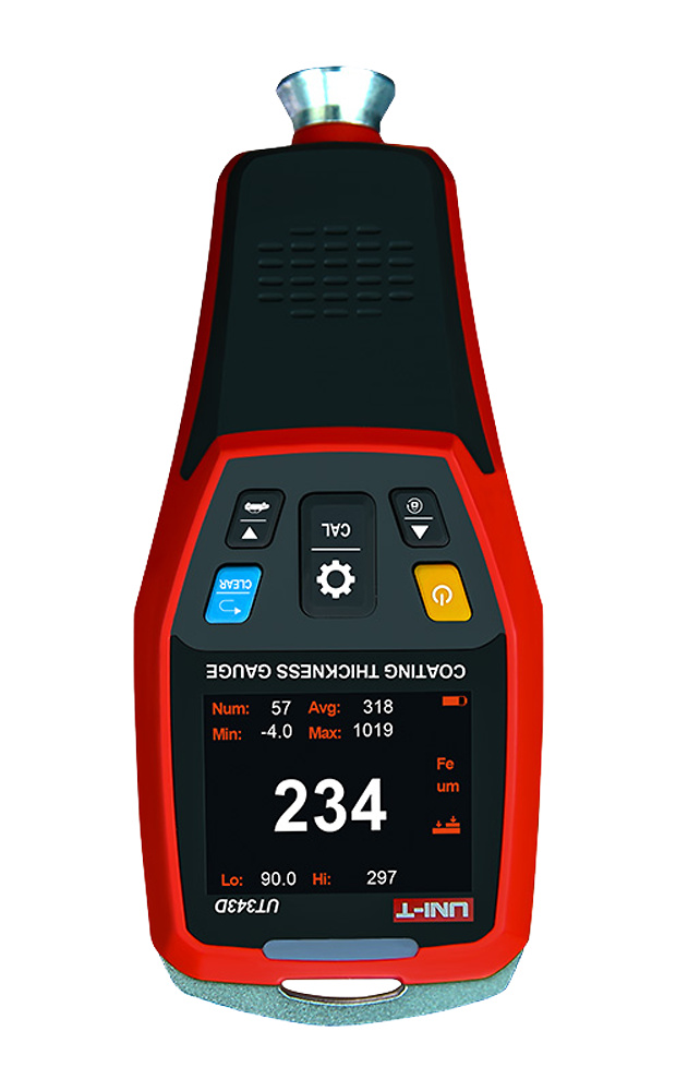 UT343D | UNI-T Medidor de espesor UNI-T UT343D con pantalla TFT LCD, rango de 0 a 1250 μm, medición continua y puntual, almacenamiento de 500 mediciones y conectividad USB a PC