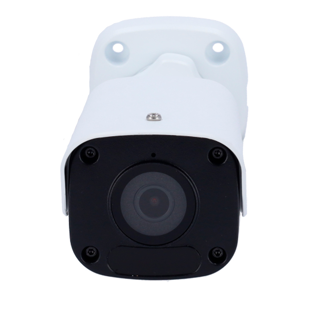 UNIVIEW IP BULLET cámara Uniview UV-IPC2122LB-ADF28KM-H mostrando su óptica fija de 2.8 mm y LEDs IR para visión nocturna. Incluye WDR real 120 dB, funciones inteligentes como detección de intrusión y micrófono integrado. Compatible con PoE y ONVIF, perfecta para sistemas profesionales de videovigilancia