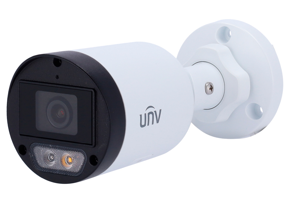 UV-IPC2124LB-AF40K-DL-UNIVIEW Cámara bullet Uniview UV-IPC2124LB-AF40K-DL en visión nocturna activa con luz blanca. Captura imagen a color con tecnología Dual Light y ColorHunter, incluso en total oscuridad. Lente de 4 mm, micrófono integrado y protección IP67 para exteriores exigentes