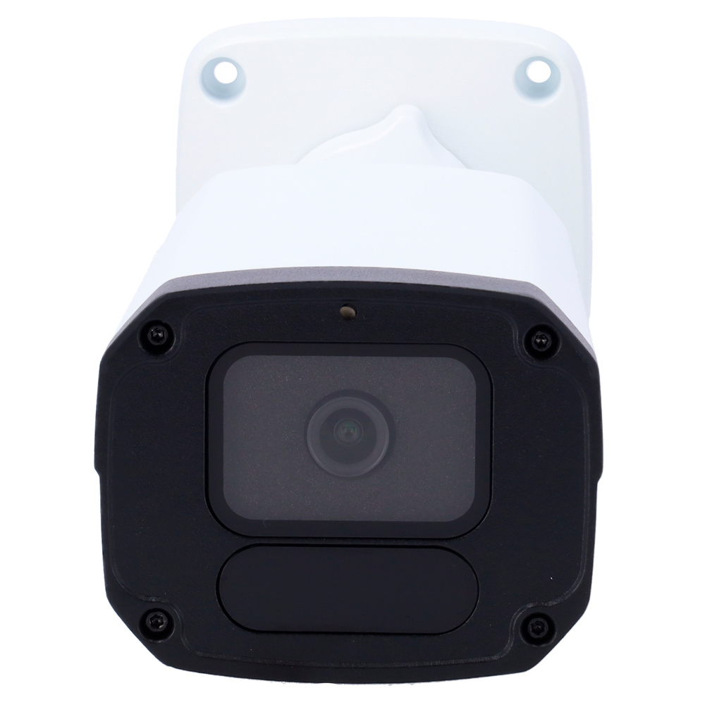 uv-ipc2225sb-adf60km-i1-detalle Primer plano del domo frontal de la UV-IPC2225SB-ADF60KM-I1 con micrófono visible, compatible con PoE y con funciones SIP y UMD integradas para analíticas inteligentes de vídeo