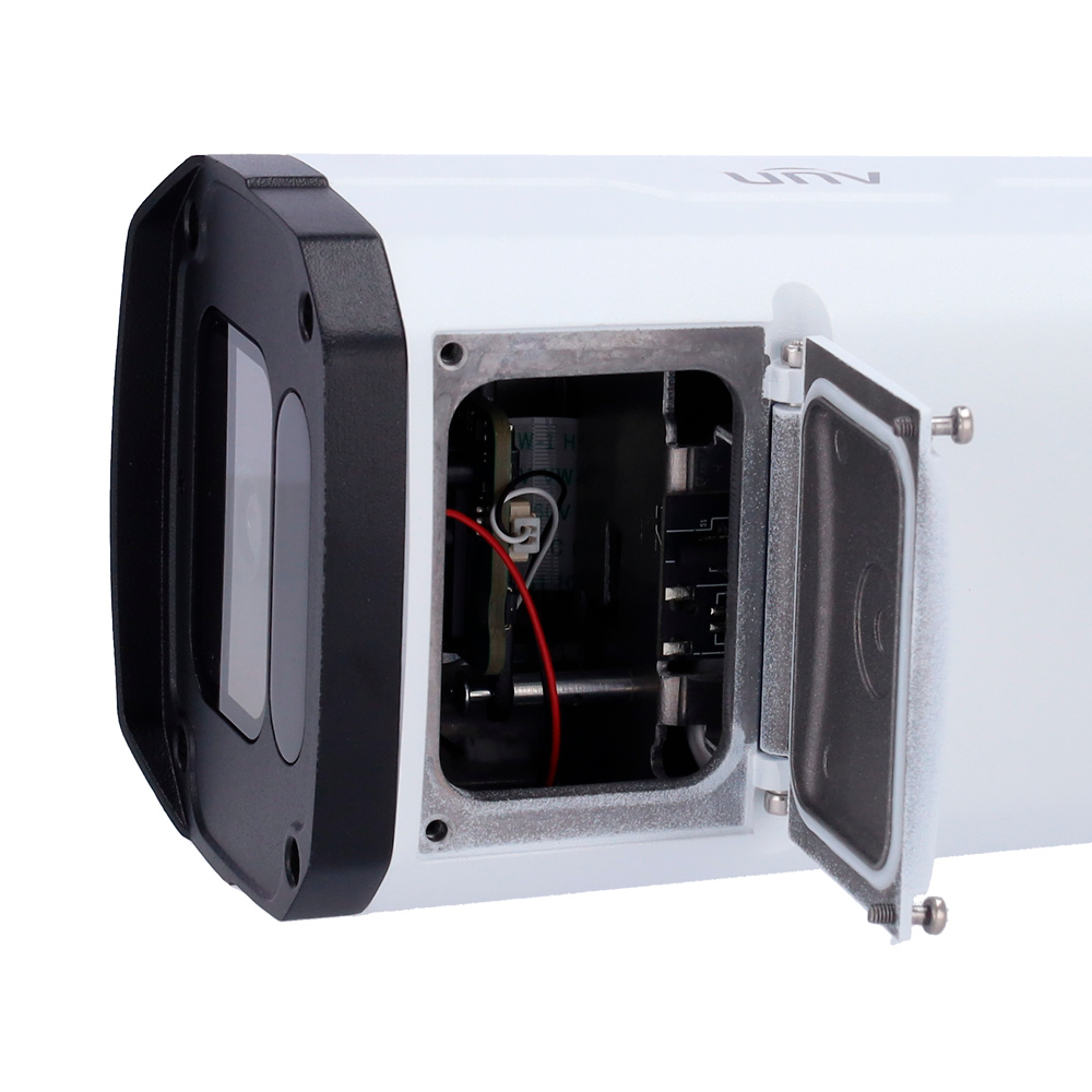 CCTV IP UNIVIEW cámara Uniview UV-IPC2228SB-ADF28KM-I1 mostrando su estructura metálica, conexión PoE y puertos de alarma/audio. Ofrece análisis inteligente, IR de largo alcance y grabación local. Diseñada para entornos exteriores, combina resistencia, inteligencia artificial y alta definición