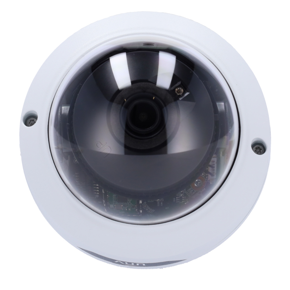 Uniview cámara IP Wifi cámara WiFi UV-IPC322LB-AF28WK-G de Uniview, mostrando su estructura robusta con certificación antivandálica IK10 y protección contra agua IP67. Incorpora micrófono, compresión Ultra265, grabación en MicroSD y conexión por WiFi o cable Ethernet. Perfecta para videovigilancia profesional en interiores y exteriores