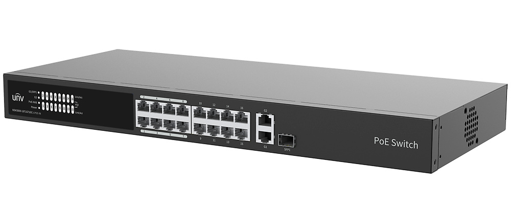 UV-NSW3000-16T1GT1GC-LPOE-IN-UNIVIEW-switch-gestionable-lateral Detalle del panel lateral y etiquetas técnicas del switch PoE. Solución gestionable con funciones VLAN, QoS y watchdog para control inteligente de red y alimentación prolongada hasta 250 metros