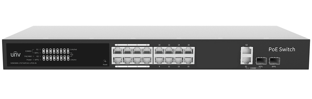 UV-NSW3000-17GT1GP1GC-LPOE-IN-switch-gestionable-UNIVIEW-frontal Vista frontal del UV-NSW3000-17GT1GP1GC-LPOE-IN mostrando sus 17 puertos PoE, uplinks Gigabit y LEDs indicadores. Ideal para redes de cámaras IP, control de accesos o soluciones IoT industriales