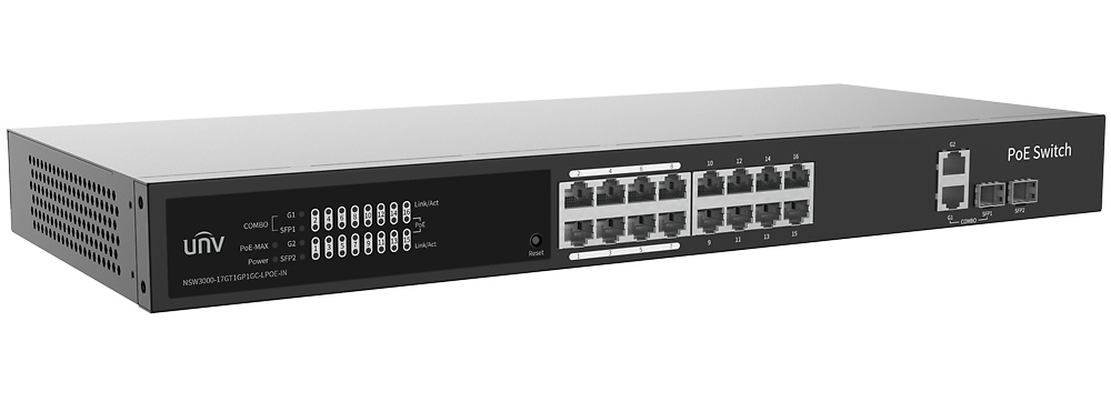 UV-NSW3000-17GT1GP1GC-LPOE-IN-switch-gestionable-UNIVIEW Switch PoE Gigabit de 17 puertos Uniview con carcasa metálica, ventilación pasiva y montaje flexible. Perfecto para entornos profesionales que requieren estabilidad, alimentación segura y control inteligente de red
