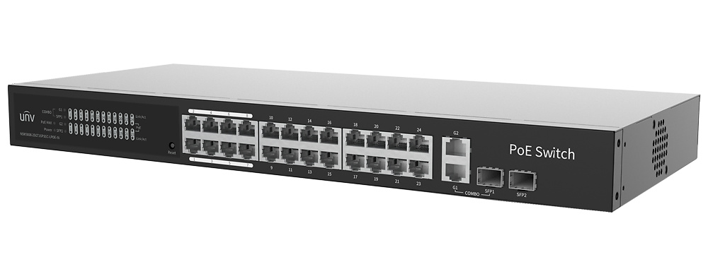 UV-NSW3000-25GT1GP1GC-LPOE-IN-uniview-switch-poe Switch PoE Uniview de 25 puertos con diseño en rack, ideal para instalaciones profesionales. Ofrece alimentación PoE+ y PoE++ para cámaras y dispositivos IP de alto consumo