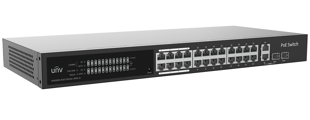 UV-NSW3000-25GT1GP1GC-LPOE-IN-uniview-poe-switch Imagen frontal del dispositivo mostrando la disposición de puertos RJ45, indicadores LED de actividad PoE y conexión, ideal para supervisión visual directa de red
