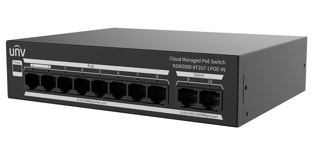 UV-NSW3000-8T2GT-LPOE-IN-UNIVIEW-switch Switch Uniview UV-NSW3000-8T2GT-LPoE-IN con diseño compacto en carcasa metálica negra, mostrando sus 8 puertos PoE+ Gigabit, 2 uplinks y un puerto combo SFP para fibra óptica. Ideal para instalaciones de videovigilancia IP y redes gestionadas de alto rendimiento