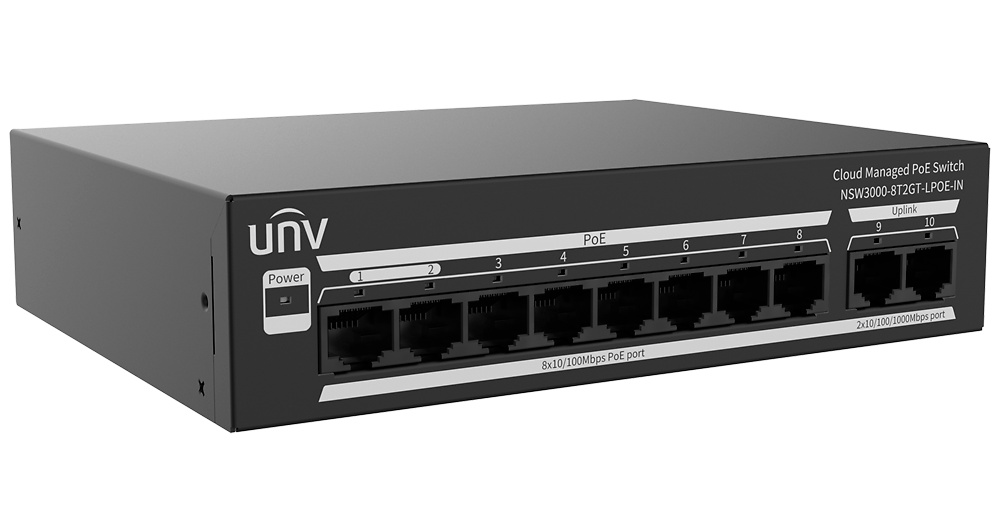 UV-NSW3000-8T2GT-LPOE-IN-UNIVIEW-switch-lateral Vista lateral del switch gestionable UV-NSW3000-8T2GT-LPoE-IN donde se aprecia su estructura metálica sin ventiladores, diseñada para reducir ruido y aumentar durabilidad. Solución ideal para espacios técnicos, oficinas y armarios de comunicaciones