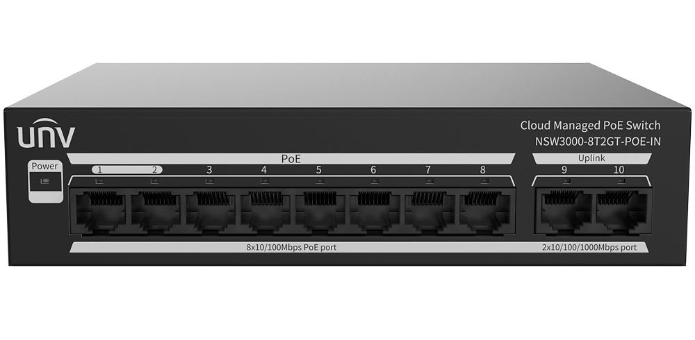 UV-NSW3000-8T2GT-POE-IN-UNIVIEW-switch-gestionable-poe Switch PoE compacto con 8 puertos Fast Ethernet y 2 uplinks Gigabit. Ideal para videovigilancia, redes IP y control de accesos. Carcasa metálica, fanless y funciones de gestión avanzadas