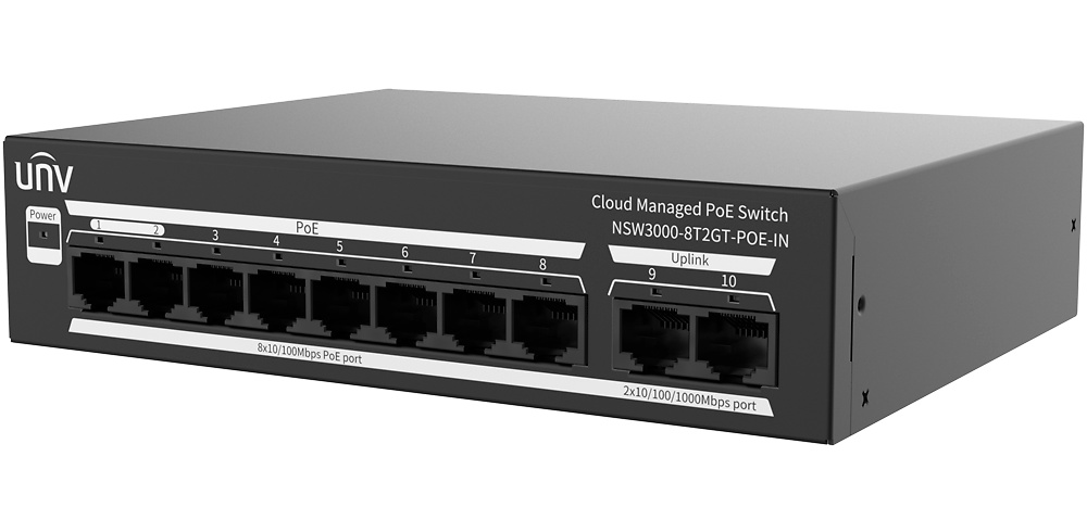 UV-NSW3000-8T2GT-POE-IN-UNIVIEW-switch-gestionable-poe-detalle Imagen superior del UV-NSW3000-8T2GT-POE-IN con LEDs indicadores por puerto, diseño robusto y tamaño reducido. Solución eficiente para entornos técnicos donde se requiere PoE seguro y fiable